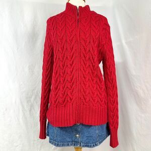 LANDS END Red Heavy Chunky Thick Cable Knit Full Zip Jacket Womens L Fisherman
